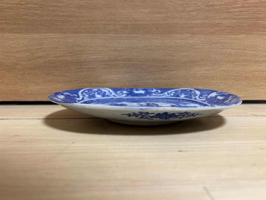 染付 銅版 転写 印判 皿 大皿 明治 図変わり 骨董品 美濃窯 瀬戸