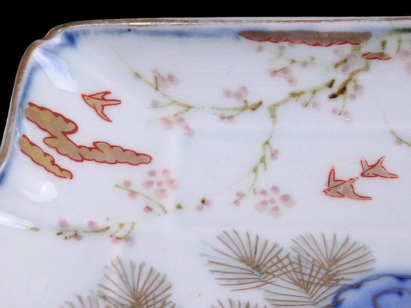 古伊万里 染錦 梅に菊 松に短冊の図 変形長皿 5