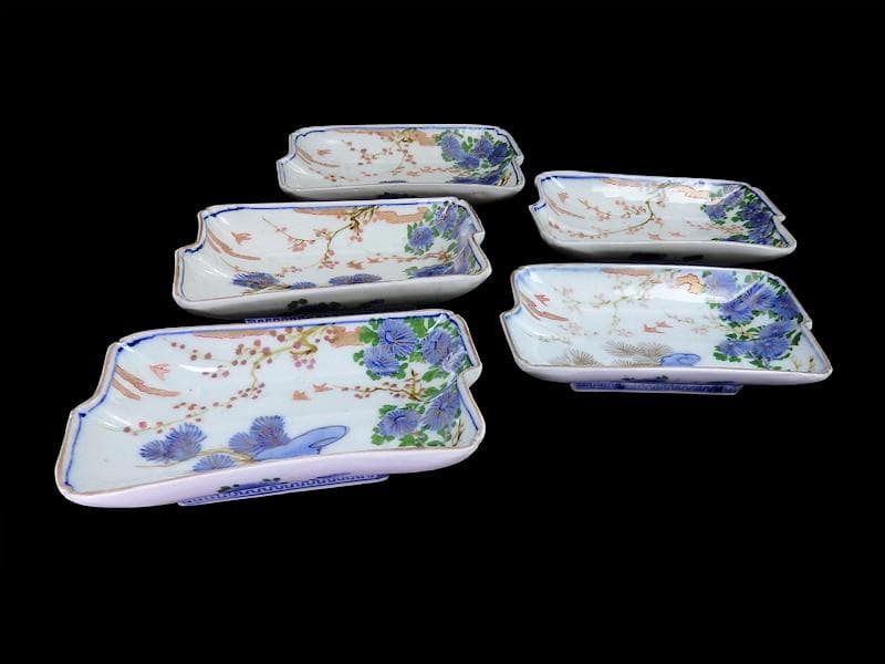 古伊万里 染錦 梅に菊 松に短冊の図 変形長皿 5客 B048AS-CWx - メルカリ