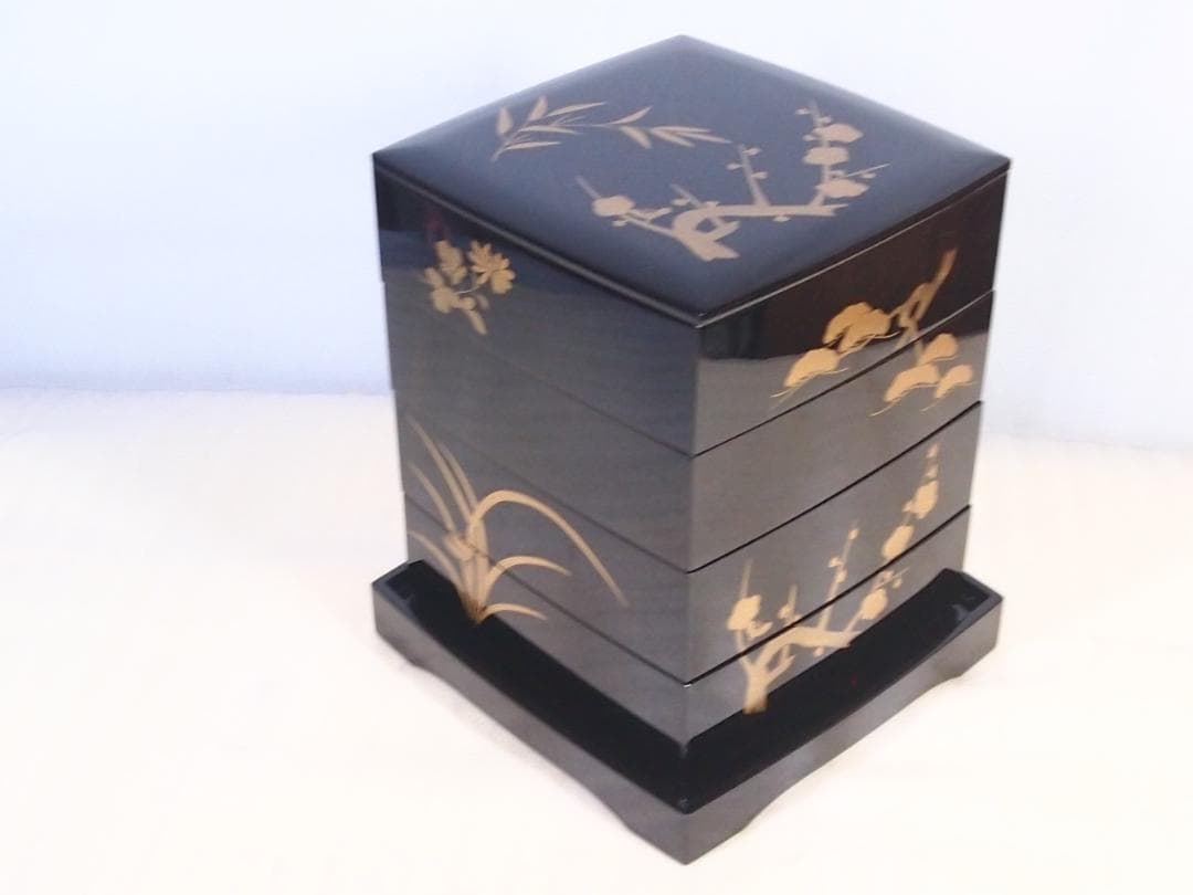 【美品】輪島塗 大向高洲堂 五聖蒔絵 四段重箱 台付き お重/弁当箱 漆器/食器