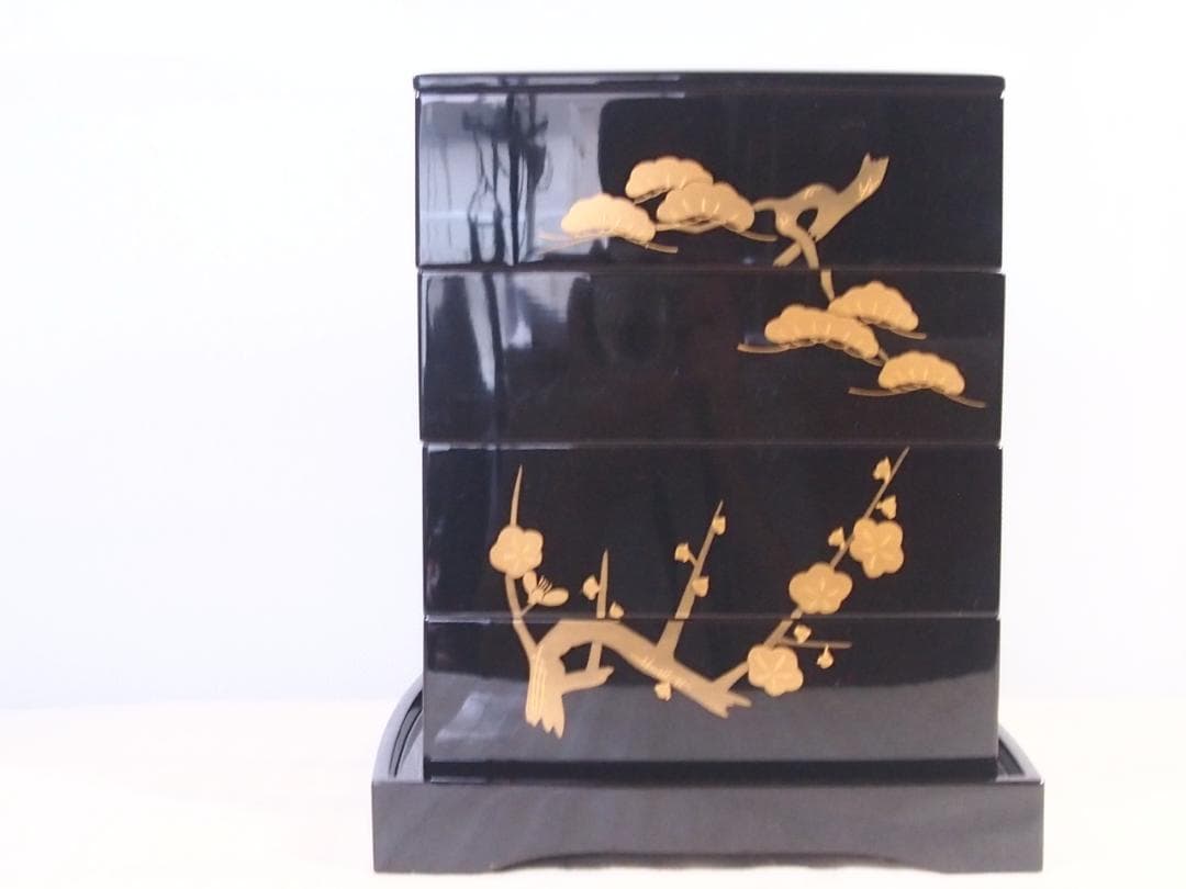 【美品】輪島塗 大向高洲堂 五聖蒔絵 四段重箱 台付き お重/弁当箱 漆器/食器