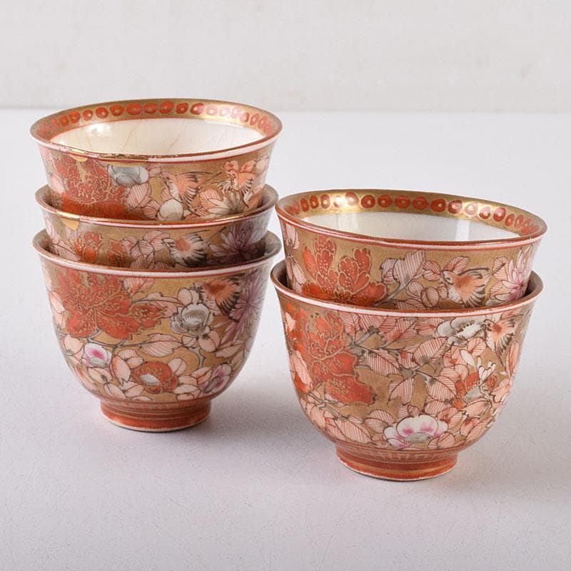 九谷焼 古九谷 赤絵金彩 花鳥文 煎茶碗 五客 D R8651