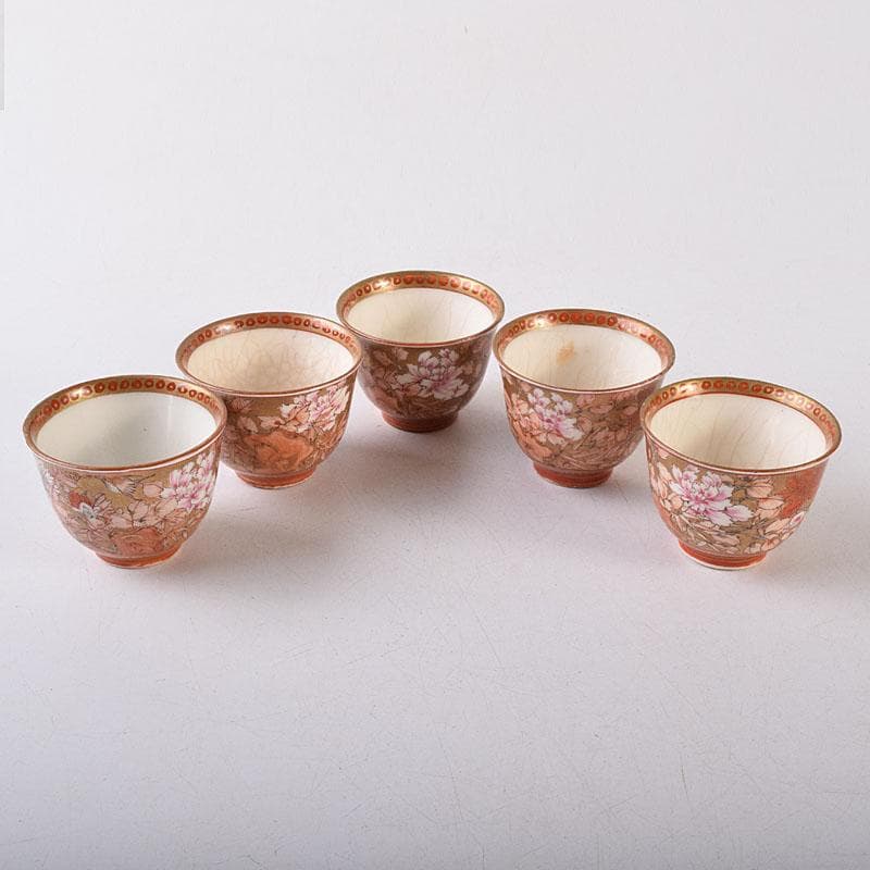 九谷焼 古九谷 赤絵金彩 花鳥文 煎茶碗 五客 D R8651