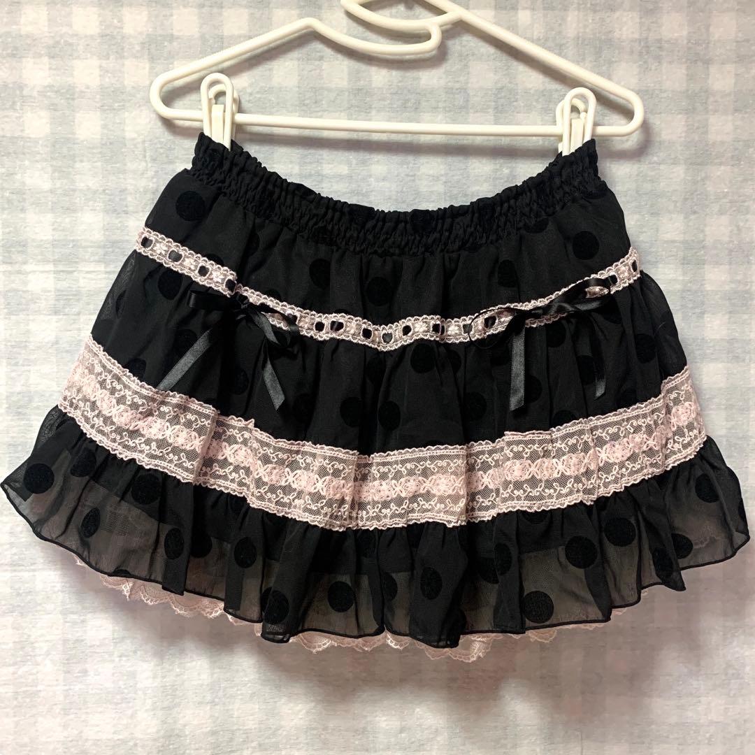 TRALALA 希少 ドット柄 リボン ブラックシフォンピンクレーススカパン