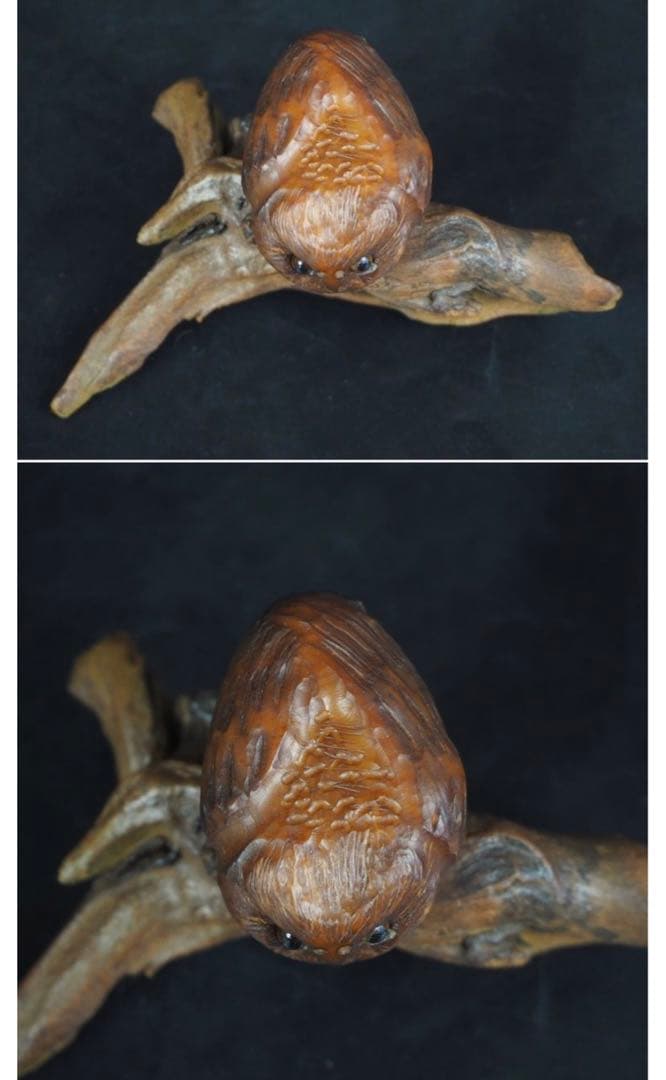 送料無料コレクター放出品天然素材フクロウ置物 神代木にフクロウ箱付骨董