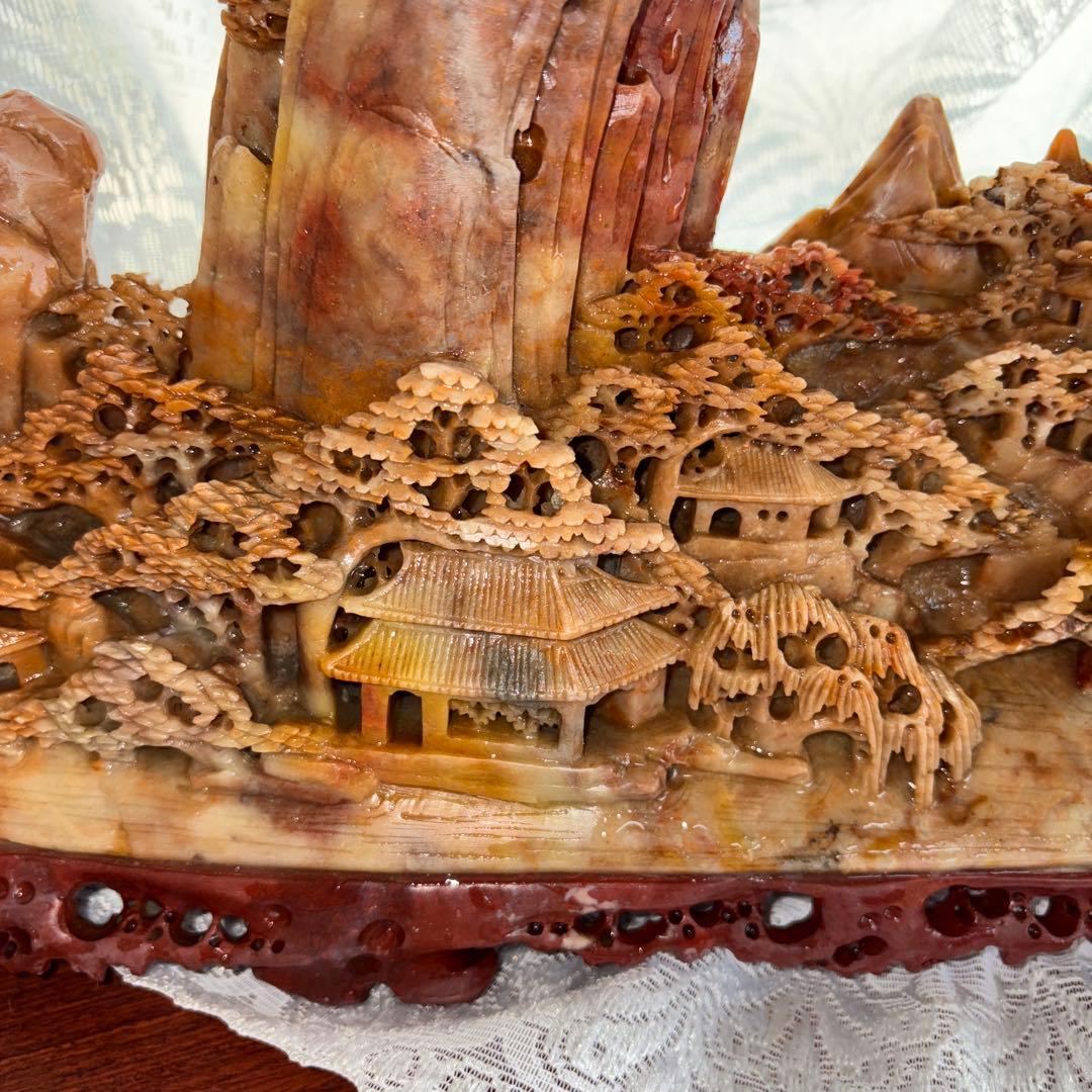 中国翡翠 彫刻 風景 船 山景色 置物 アート 40cm