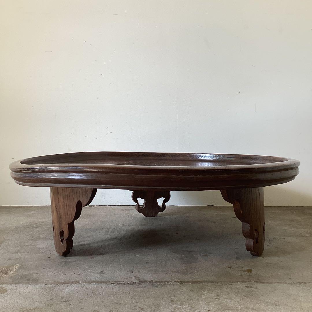 73㎝ 天然木の丸い脚付き膳 卓 座卓 ちゃぶ台 栗盆 時代物