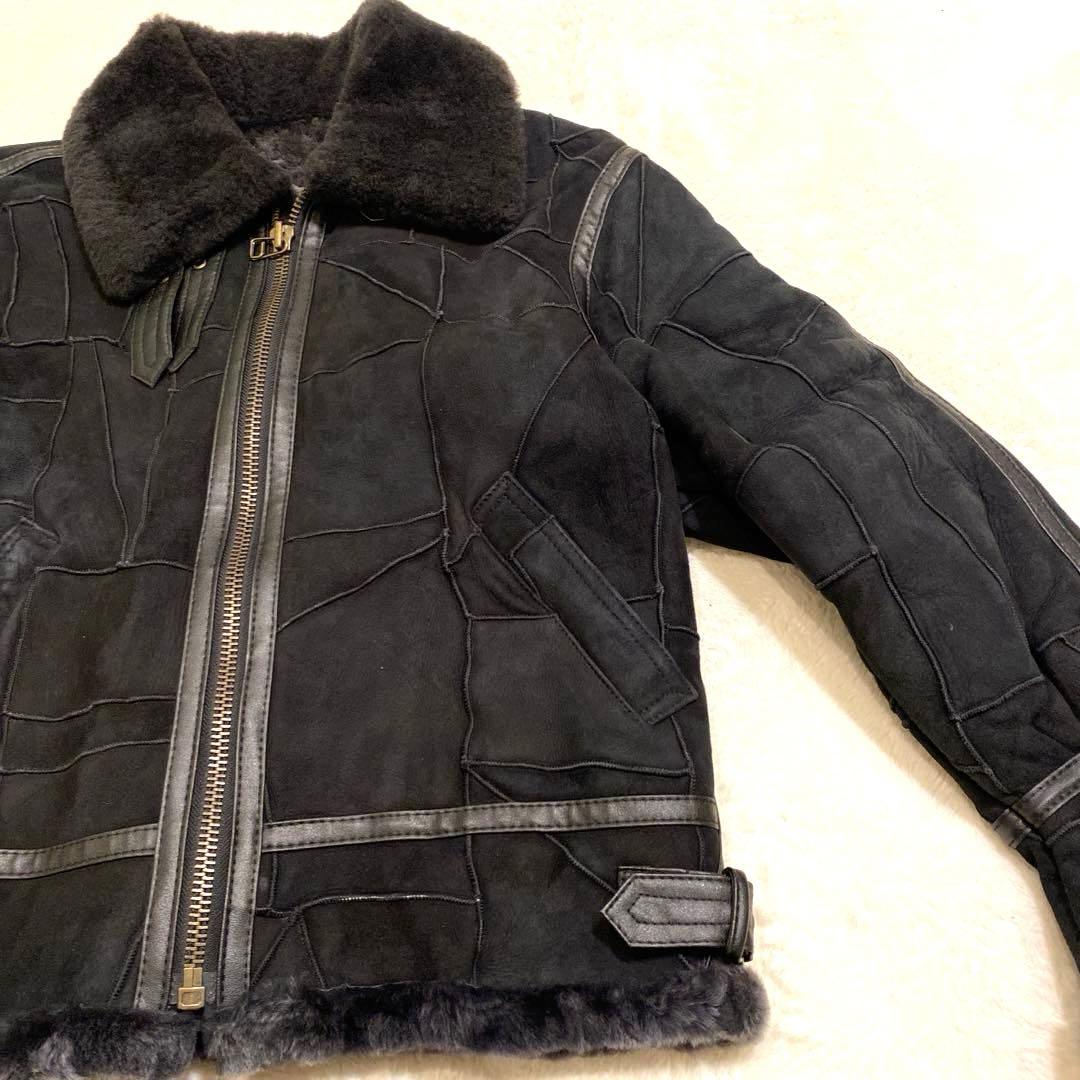 ムートンジャケット ブラック パッチワーク 羊革 B-3タイプ 韓国製 メンズM