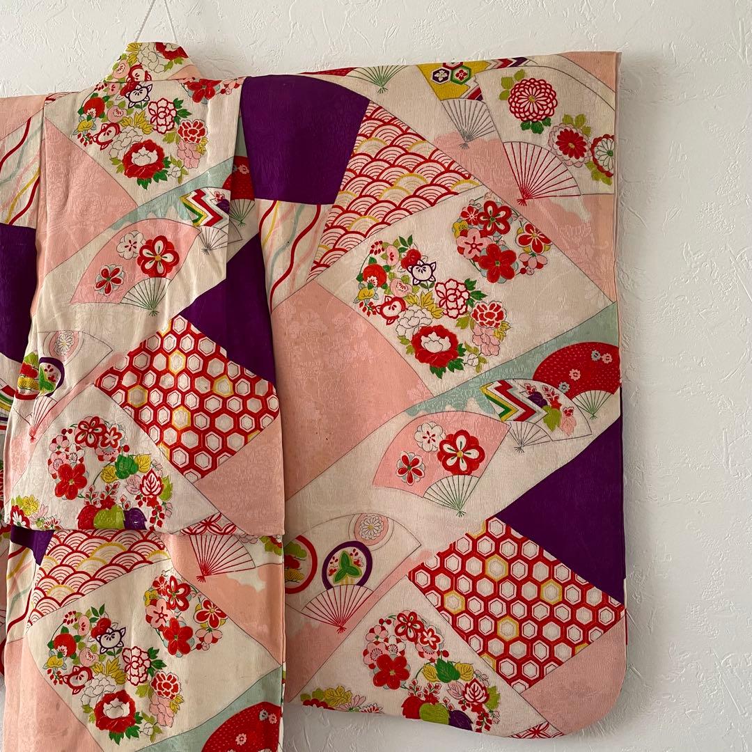 七五三　３歳　女の子　正絹　アンティークお着物　セット　正絹白地の被布コーデ