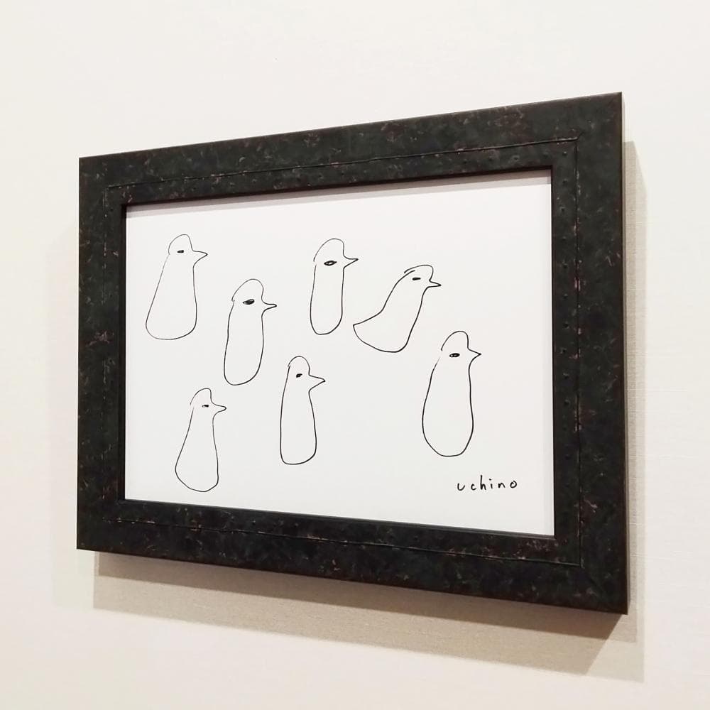 内野隆文　とりのマーチ　鳥　ドローイング　イラスト　絵画　現代美術　額縁　真作