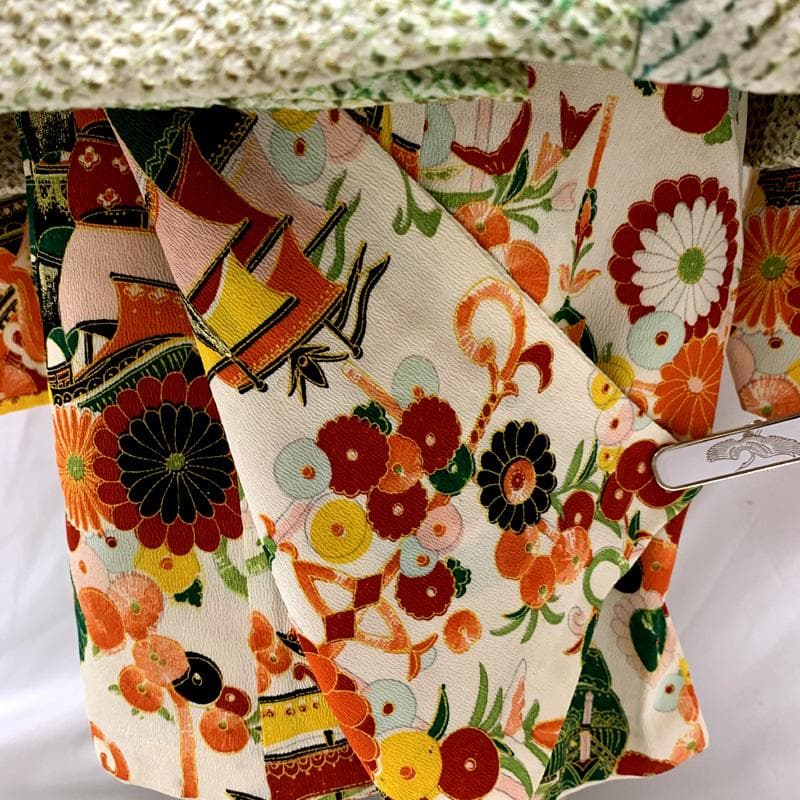 510ag34□七五三 三歳 アンティーク 女児 着物&被布 船 花文□美品