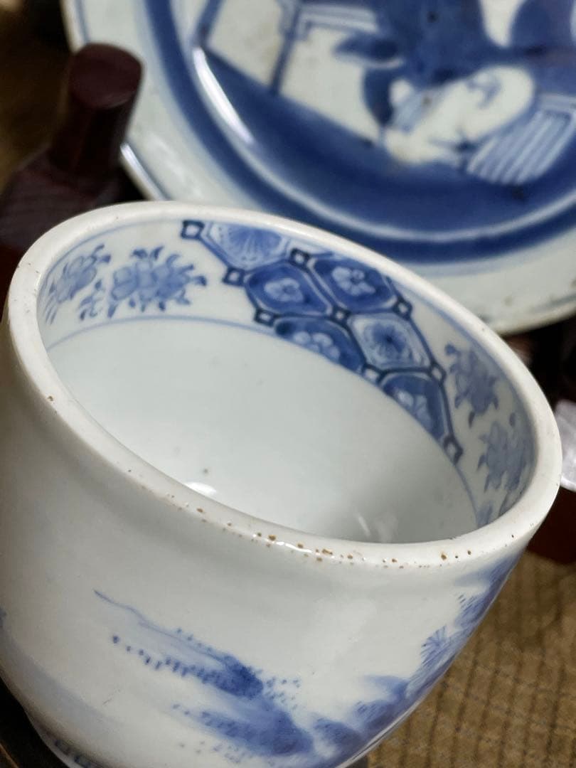 古平戸焼 染付 松竹に龍虎の図 蓋付湯呑 み茶碗 茶道具