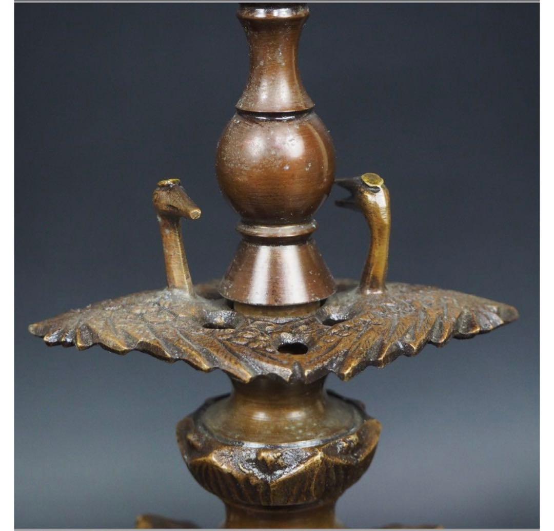 送料無料 時代物 『栄翠』造 銅製燭台一対 高さ27.5cm 仏教美術