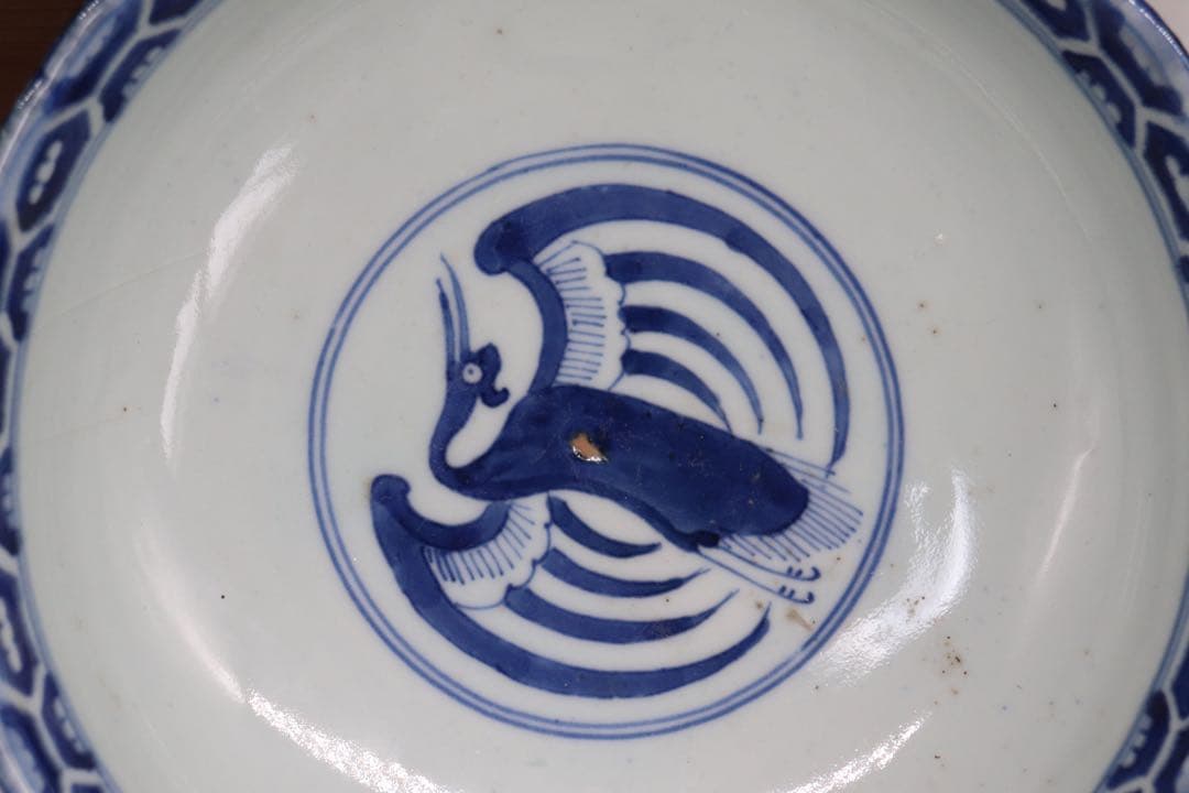 中国　清朝期　大清乾隆年製　染付内鶴紋&外山水紋お碗　共箱　送料込み0805