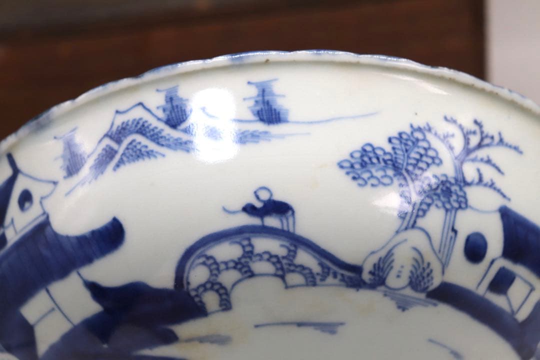 中国　清朝期　大清乾隆年製　染付内鶴紋&外山水紋お碗　共箱　送料込み0805