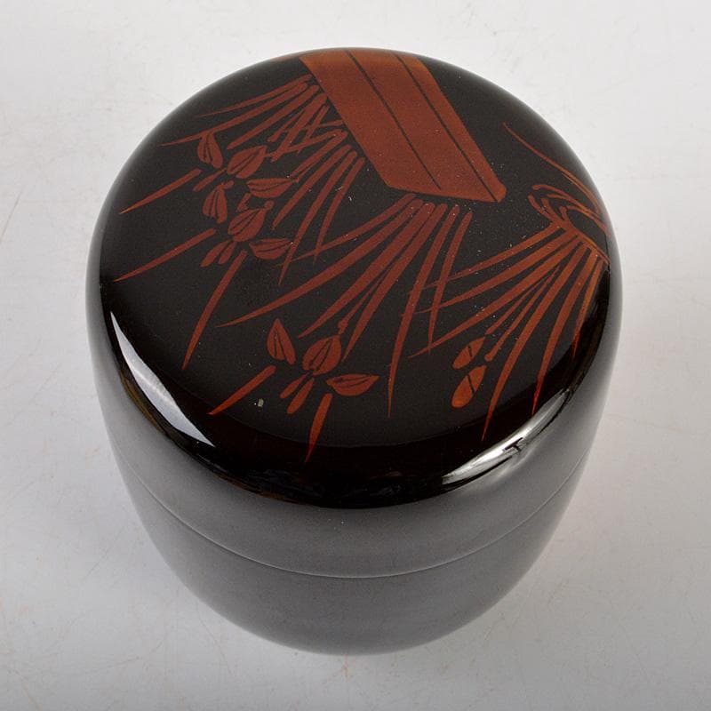 茶道具　蒔絵師　中出松峰作　白檀塗　螺鈿装飾　八ッ橋蒔絵　中棗　共箱　V6444