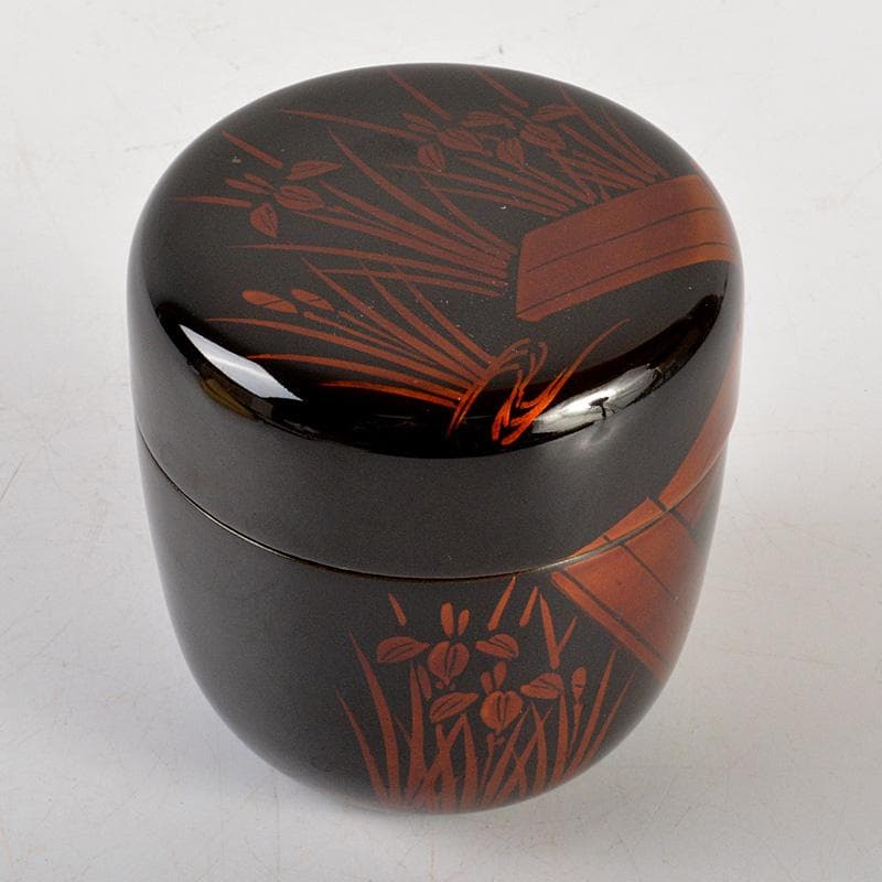 茶道具　蒔絵師　中出松峰作　白檀塗　螺鈿装飾　八ッ橋蒔絵　中棗　共箱　V6444