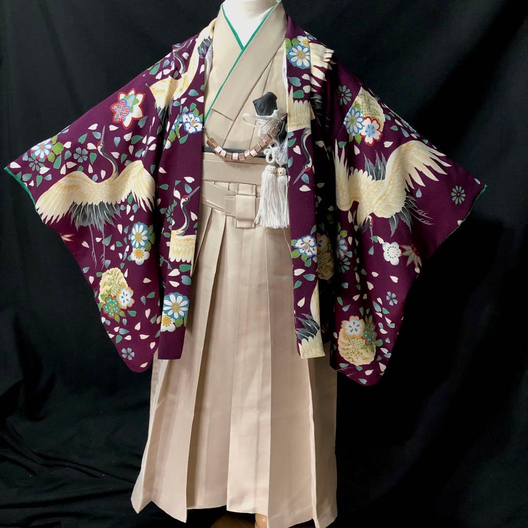 七五三 5歳　男の子　紫　鶴　花　羽織　着物　袴　セット　男児　五歳　５歳