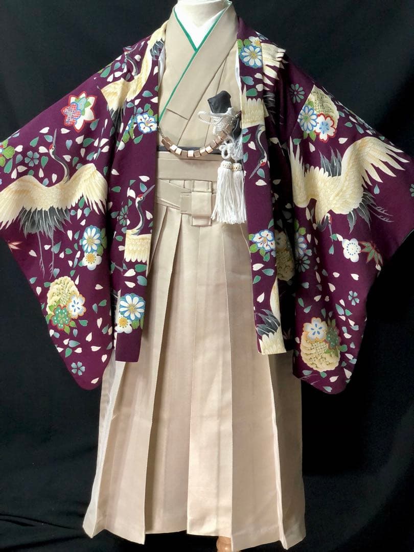 七五三 5歳　男の子　紫　鶴　花　羽織　着物　袴　セット　男児　五歳　５歳