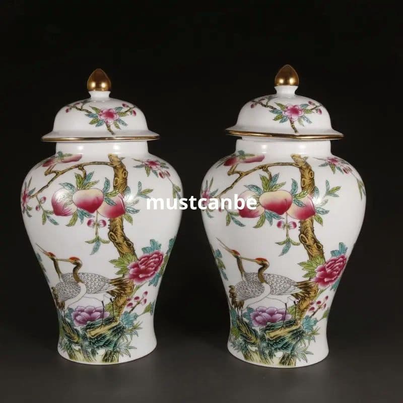 乾隆粉彩蒔金仙鶴寿桃将軍缶 景徳鎮 陶磁器 装飾品 現代工芸品 美術品 置物