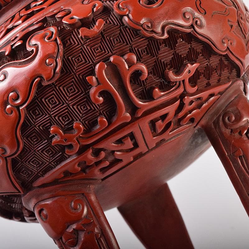 中国　剔紅　堆朱　神獣彫　香炉　唐木台付　D　R8251