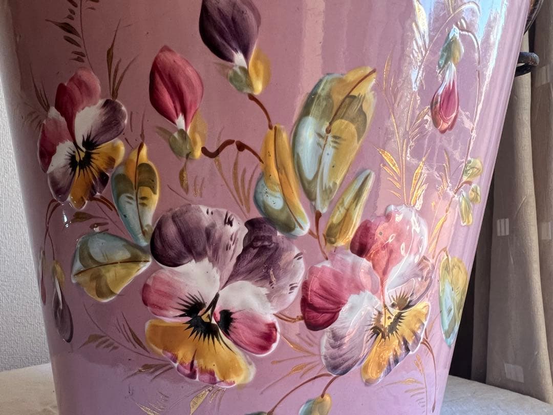 希少♡フランスアンティーク ピンク 手描き ホーロー バケツ ハンド