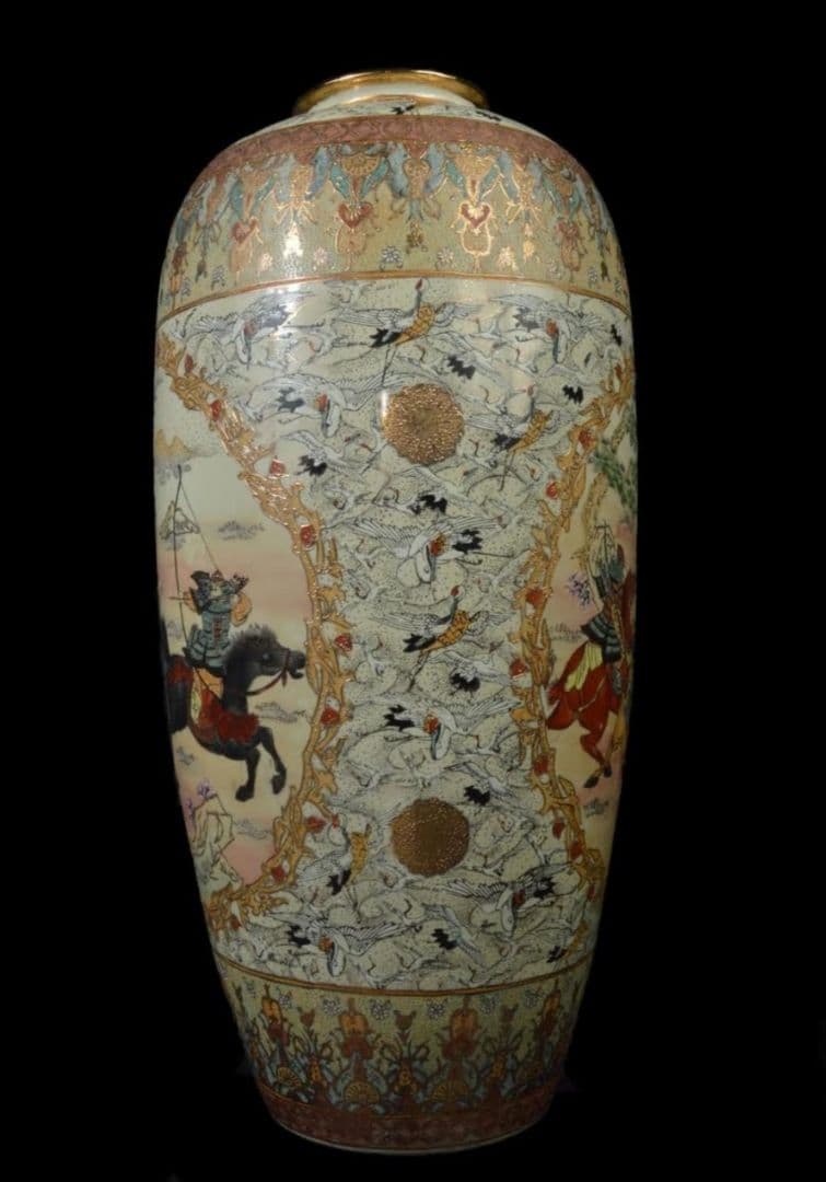 【大型82cm 美品】薩摩豪華絢爛 金襴手武士細密絵付 特大花瓶 飾り壷 大壺