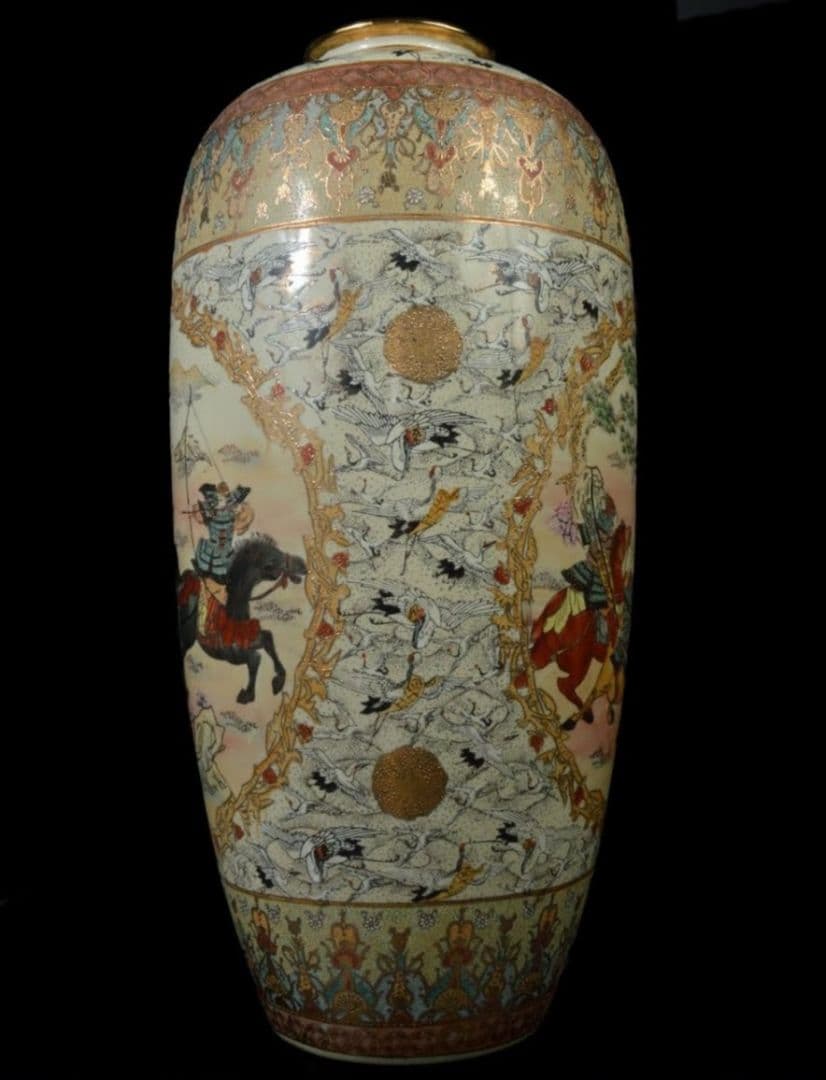 【大型82cm 美品】薩摩豪華絢爛 金襴手武士細密絵付 特大花瓶 飾り壷 大壺