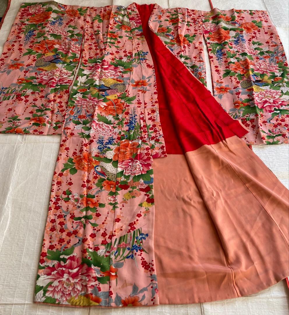 希少鳥柄　アンティーク着物帯　7歳七五三　大正ロマン　錦紗　紅絹　振袖　卒業式