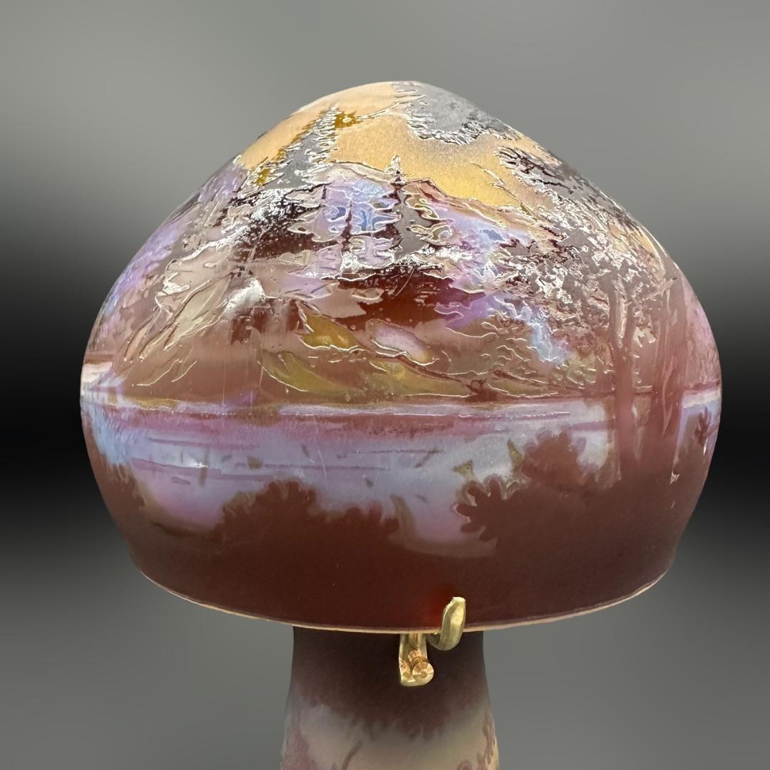 エミールガレ 2灯 山景文 台座真鍮 カメオ彫り 被せガラス 高さ32cm