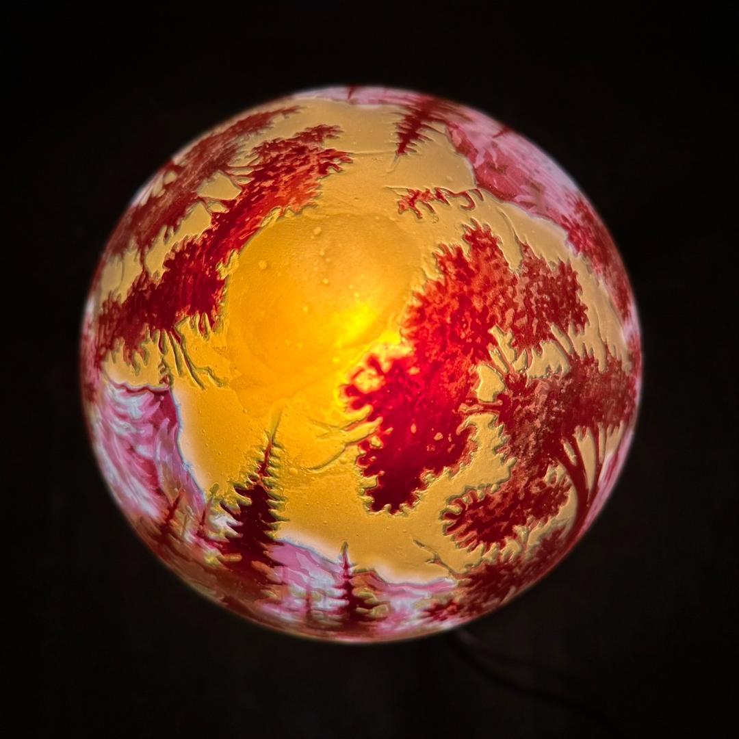 エミールガレ 2灯 山景文 台座真鍮 カメオ彫り 被せガラス 高さ32cm