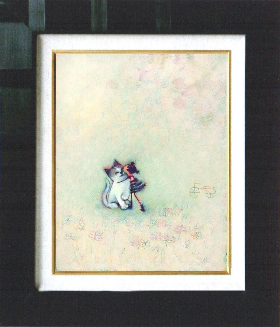 油絵 菅家令子 絵 絵画インテリア 額付(黒) F3-051621 子猫と女の子