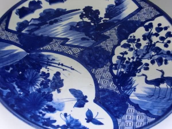 大皿□ベロ藍(江戸後期~明治期)古い染付 鶴 花蝶紋 花唐草 直し有り