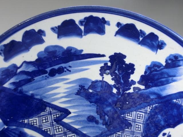 大皿□ベロ藍(江戸後期~明治期)古い染付 鶴 花蝶紋 花唐草 直し有り