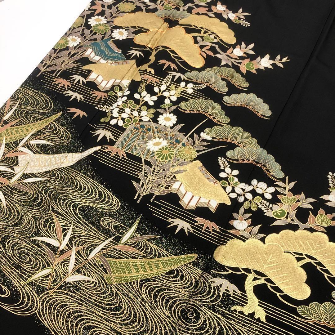MK-1339 黒留袖 流水 船 松 花模様 金駒刺繍 金彩 トールサイズ レディース