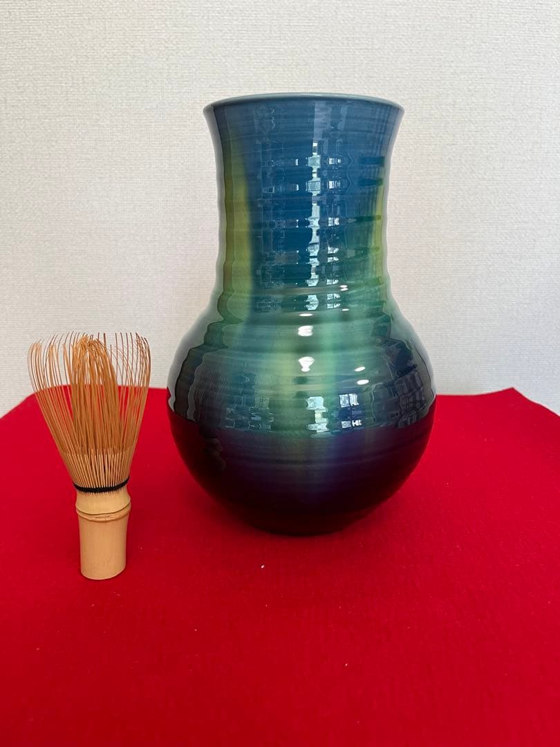 柳雨軒三代 人間国宝 徳田八十吉（正彦銘）碧明釉 花入 高