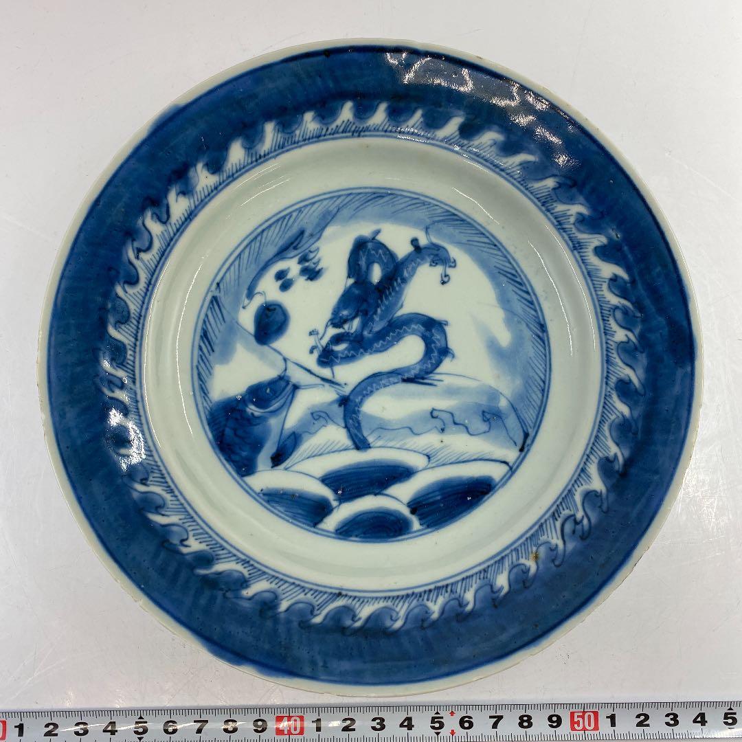 中国清時代新渡青花龍図中皿木箱付直径約16㎝東Y7-0326☆2F