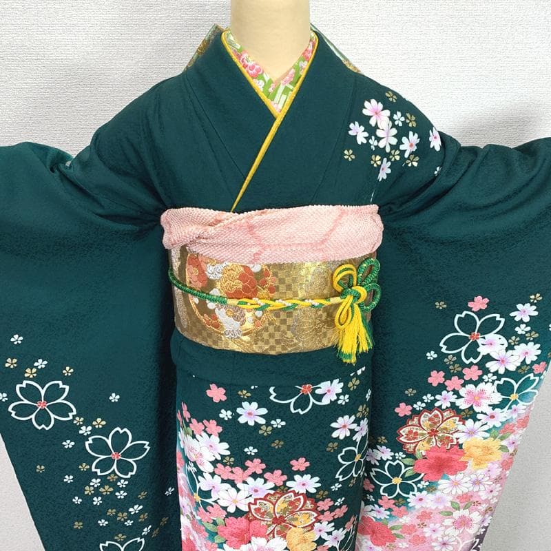 502z21.半衿〇京都きもの友禅 振袖 地紋 金彩 桜 花 緑〇美品