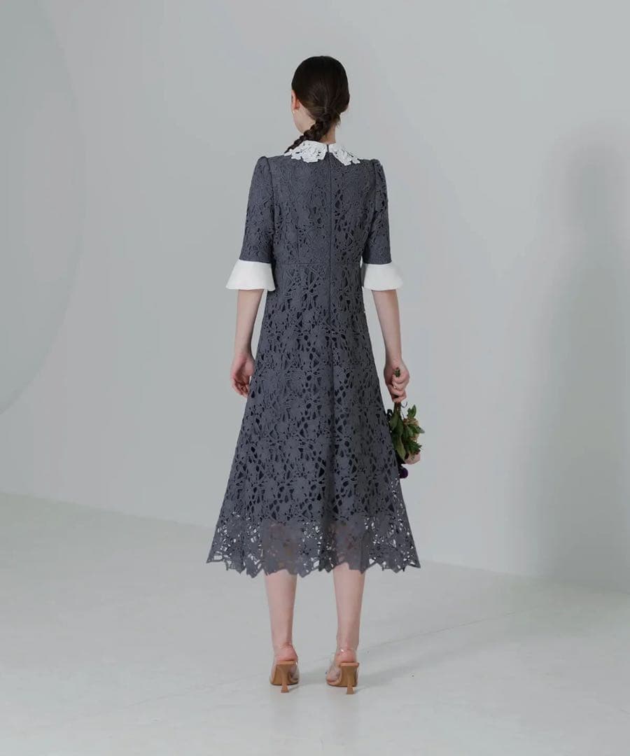 leja 花柄レースカラースパンコールAラインワンピースドレス　ドレス