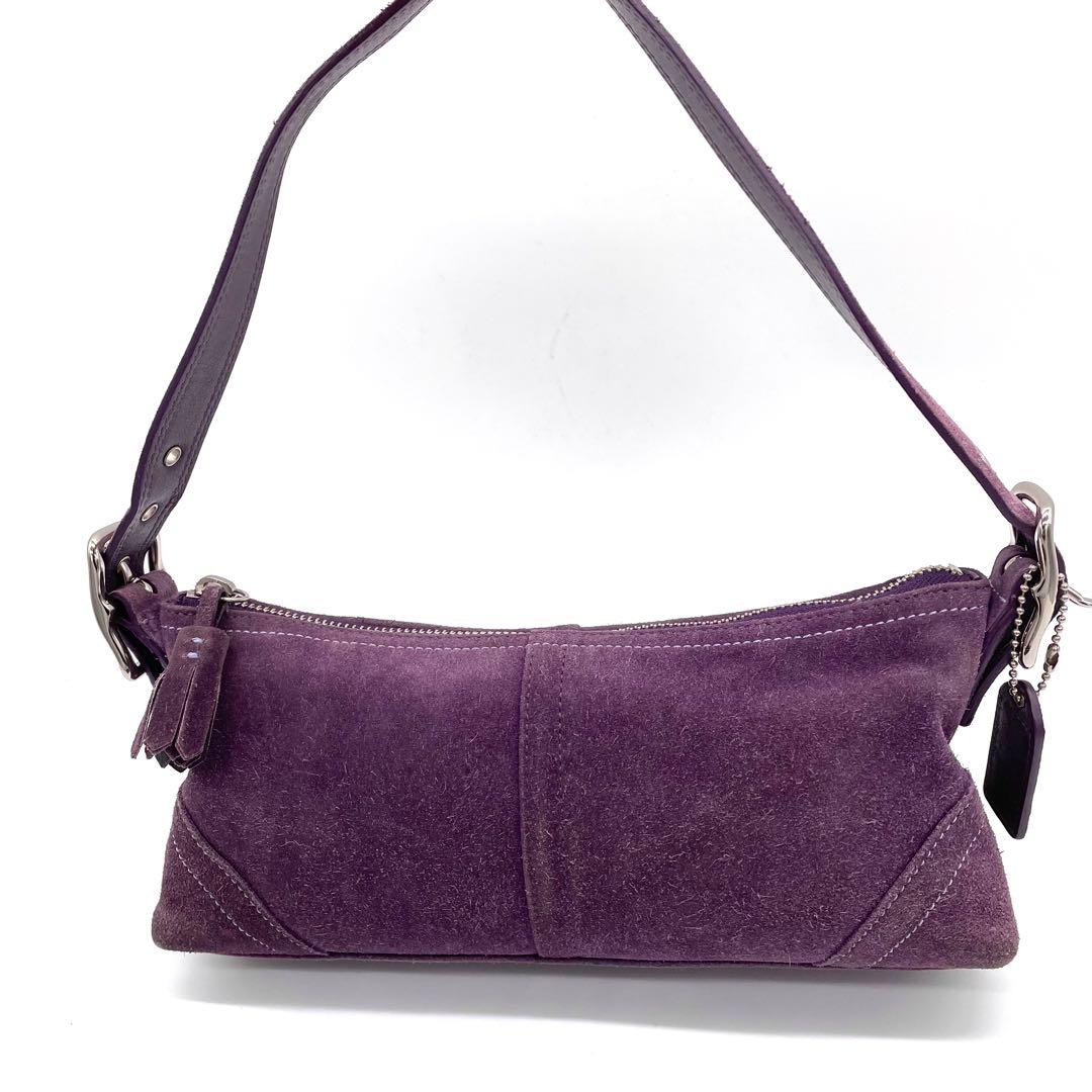 【希少】コーチ　アクセサリーポーチ　フリンジ　スエード　シグネチャー　パープル