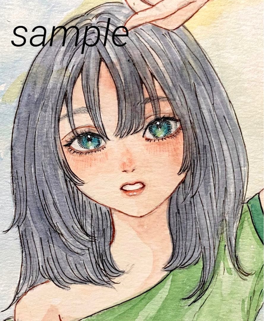 手描きイラスト オリジナル 創作 原画 水彩 青 緑 女の子 B7サイズ