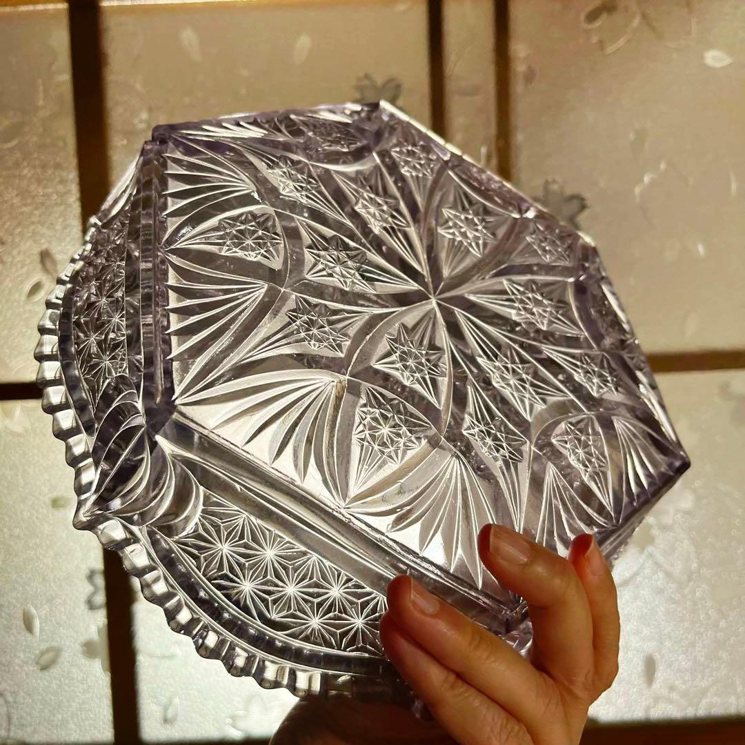 骨董 時代ガラス プレスガラス 希少 淡紫色 クリスタルカット 菓子鉢 大鉢