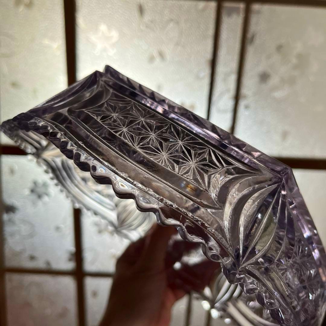骨董 時代ガラス プレスガラス 希少 淡紫色 クリスタルカット 菓子鉢 大鉢