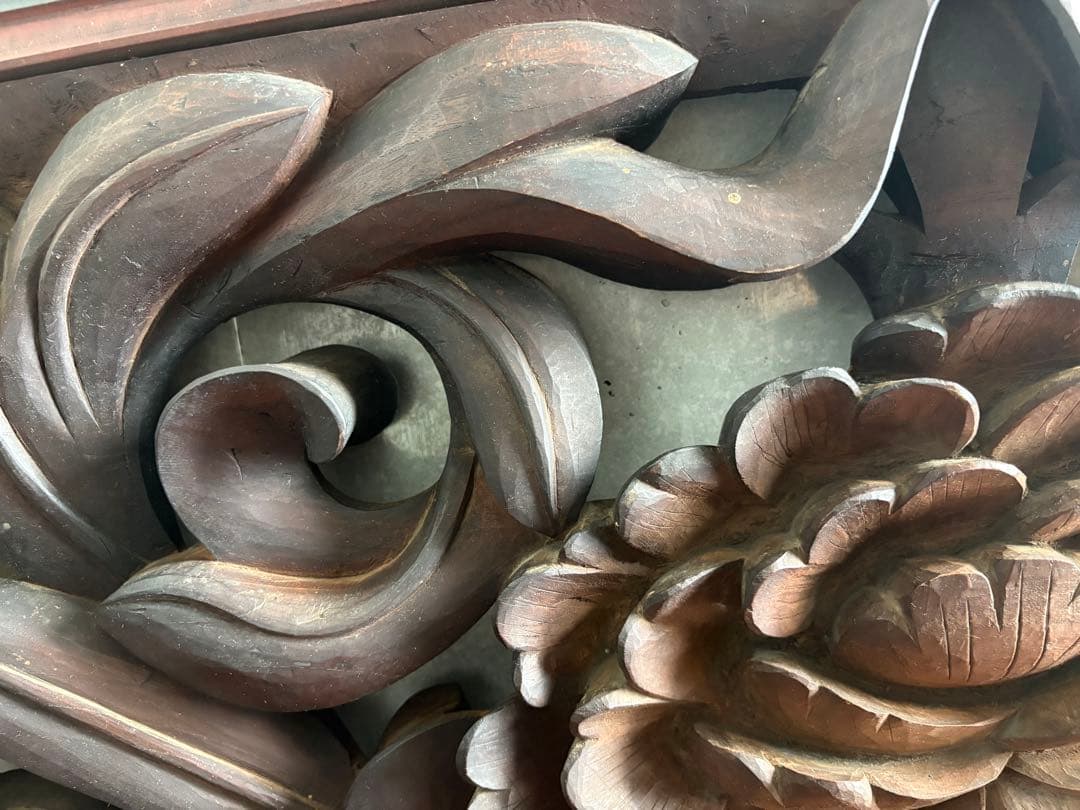 欄間 らんま 檜？木彫り 各々14kg弱 どっしり アンティーク 菊 蓮