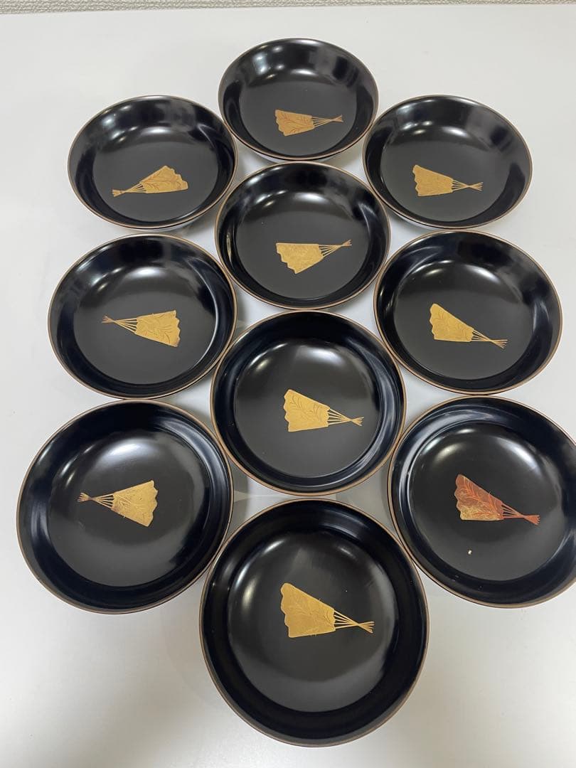 漆器 輪島塗 金蒔絵 扇柄 黒 内黒 吸物 割烹 蓋付き10客個