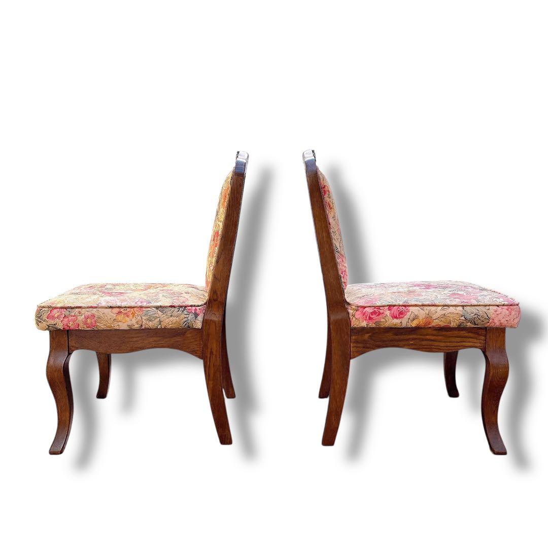 アンティーク 猫脚風 2脚セット 木製 花柄 チェア 店舗什器 ブラウン