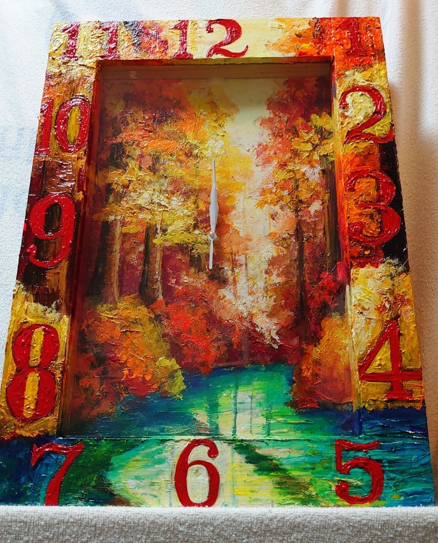 油絵 絵画 時計【紅葉の湖】