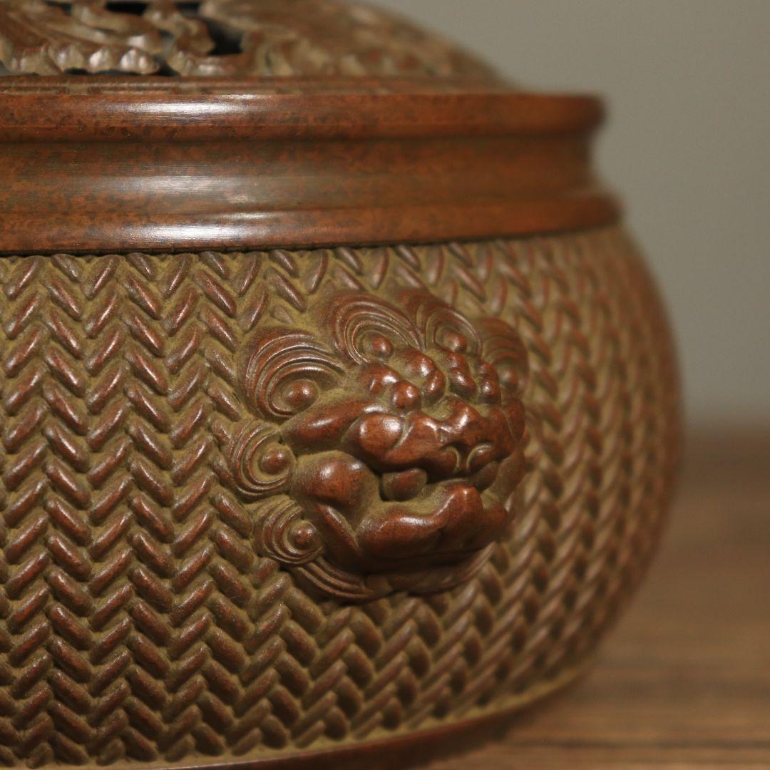 銅製 香炉 双獅耳竹編み模様蓋薫香炉 檀香炉 香道具 装飾