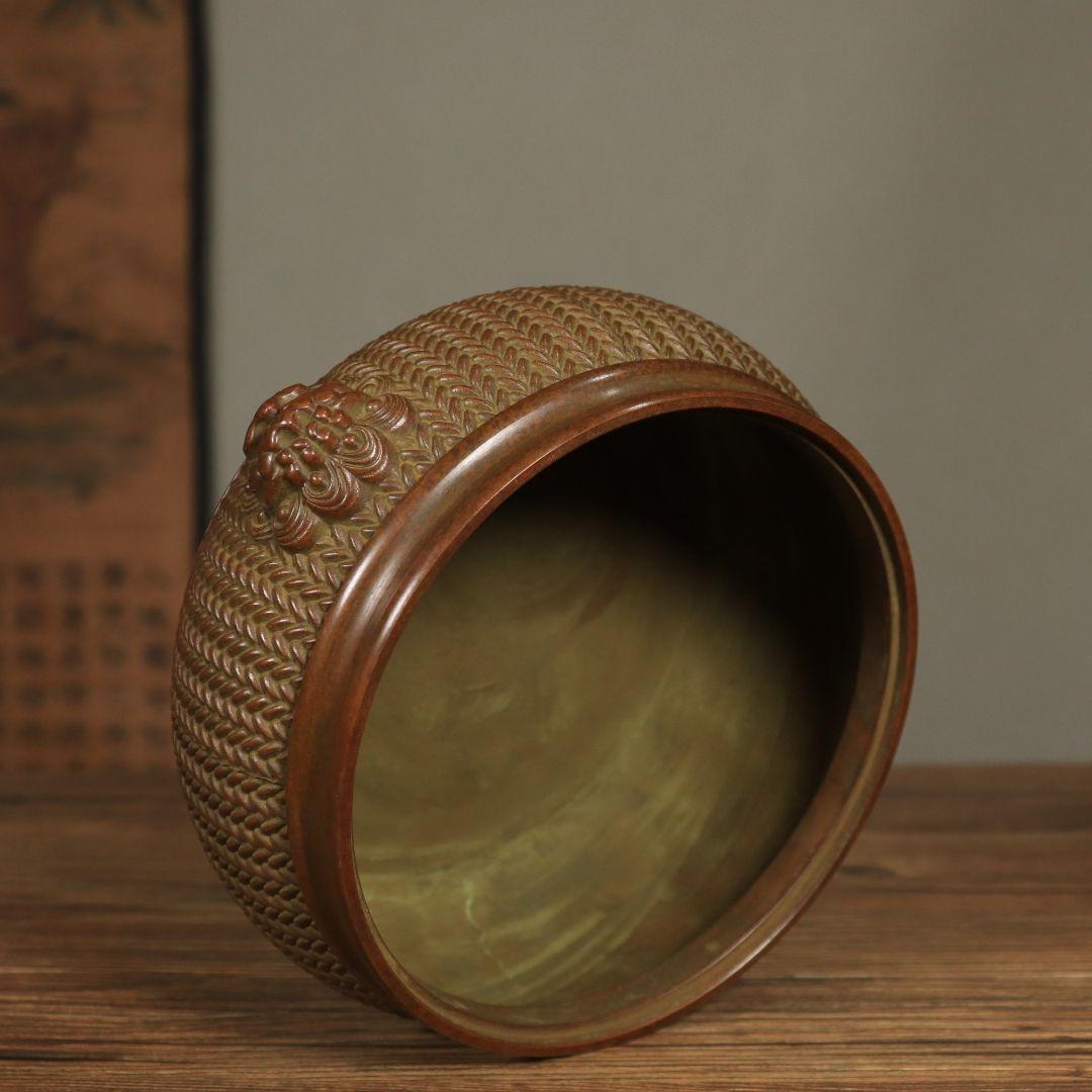 銅製 香炉 双獅耳竹編み模様蓋薫香炉 檀香炉 香道具 装飾
