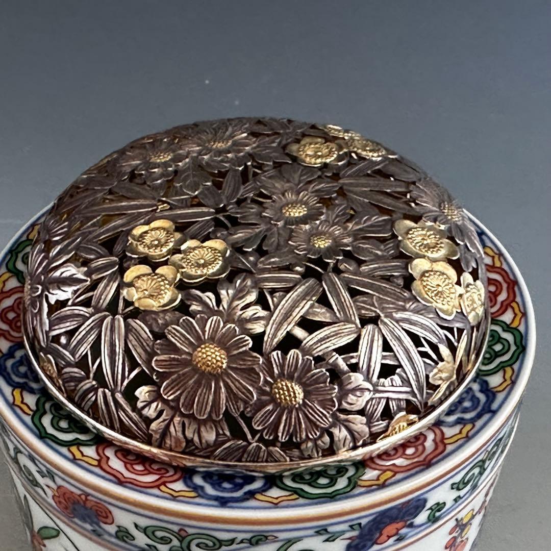 工芸品　赤絵　四君子図　香炉　五代　三浦竹泉　二重箱　信幸造純銀火舎　付　京焼